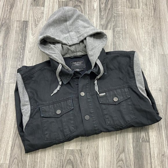 DRAVUS Drawstring Tie Snap Button Black Denim Hooded Jean Jacket